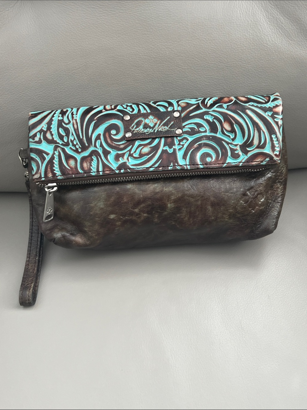 Patricia Nash Brown Leather Fold Over Wristlet with Turquoise Floral Flap
